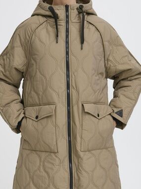 Quilted Hooded Long Coat in Olive